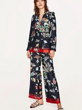 Zara Floral Double Breasted Silky Pantsuit NWT XS Modern Maximalist Chic